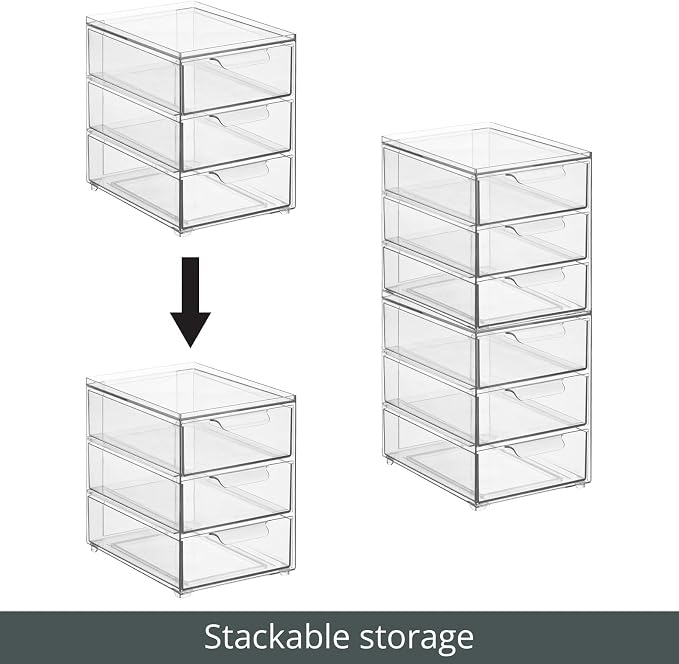 mDesign Plastic Stackable Organizer with 3 Drawers - Pull-Out Drawer Storage Bin for Bathroom Sink/Cabinet Organization - Perfect for Makeup, Small Towels, and More - Lumiere Collection, 4 Pack, Clear