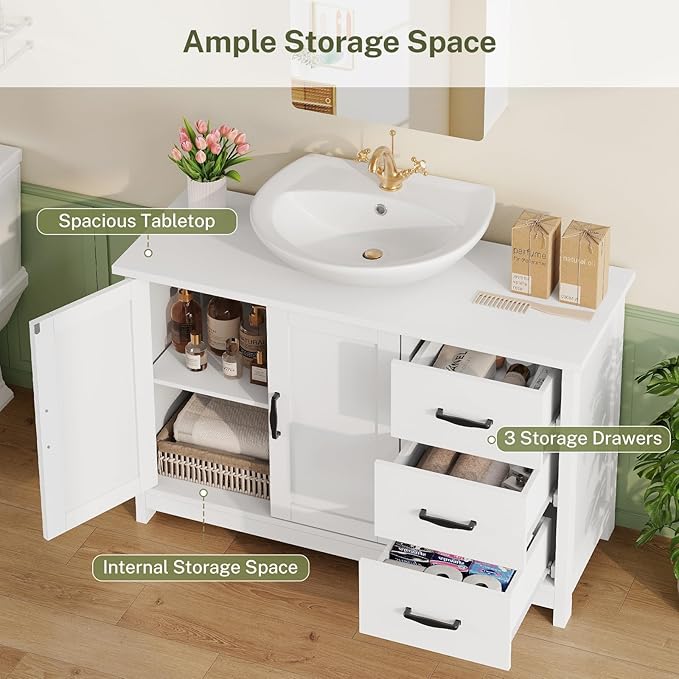 TEENFON Pedestal Sink Storage Cabinet with 2 Doors & 3 Drawers, Bathroom Sink Cabinet, Under Sink Storage with U-Shape Cut-Out, White