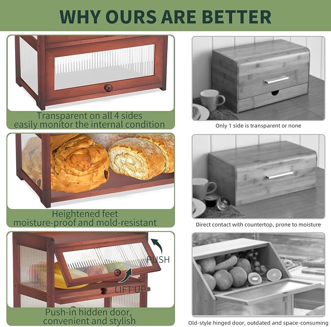 BAMBANG Extra Large Bamboo Bread Box for Kitchen Counter, Double Layer Bread Storage Container Farmhouse Bread Box with 4 Sides Transparency, Breadbox Bin Holder for Homemade Bread, Brown