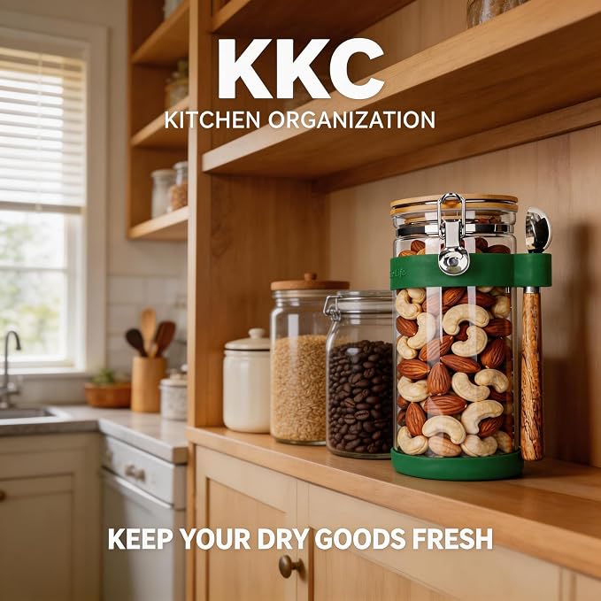 KKC 1.5-Quart Large Glass Nuts Storage Container, Airtight Food Storage Jar with Bamboo Lid & Scoop, Keeps Nuts Crunchy & Fresh, Perfect for Pantry Organization & Storing Nuts, Almonds, Peanuts