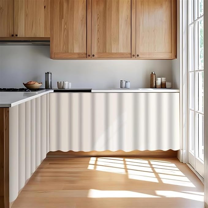Under Sink Curtain for Closet, Privacy Short Cabinet Curtain Self Stick Adhesive Desk Skirt for Kitchen Classroom, Cream, 28" W x 20" L