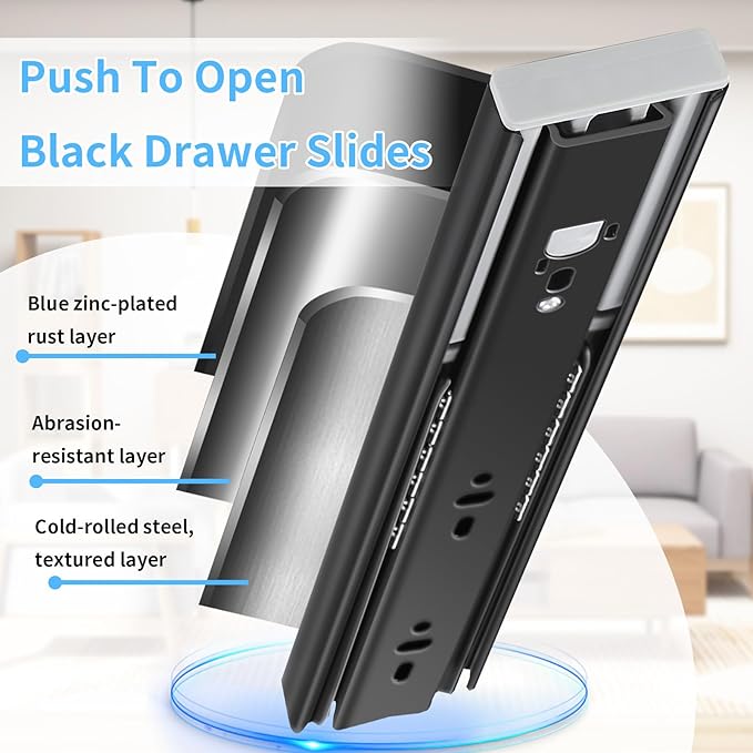 Push to Open Drawer Slides 1 Pair Full Extension 12 14 16 18 20 22 24 inch Side Mount Pull Out Kitchen Cabinet Rails Bracket Replacement Ball Bearing Tracks kit Guide Runner 100 LB Capacity