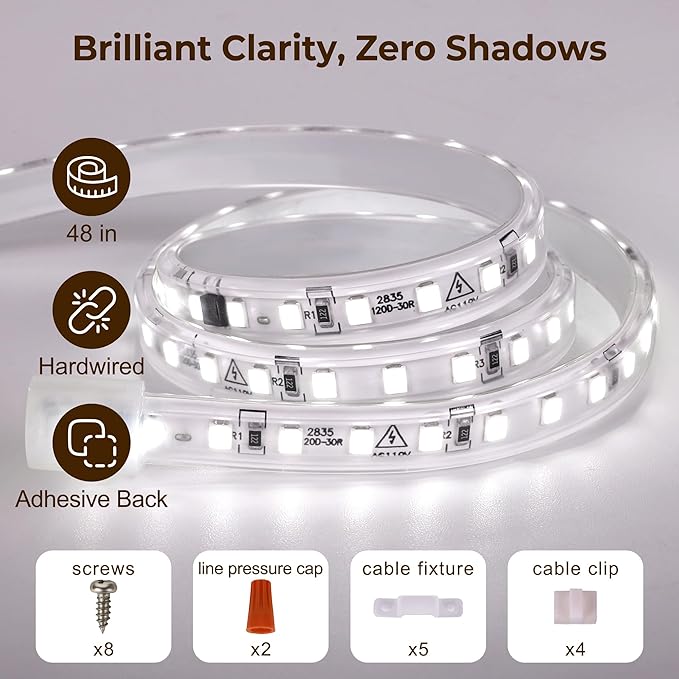 cambk 48inch Hardwired Under Cabinet Lighting for Kitchen,120V Wired Undercounter Led Strip Lights 6000K White Waterproof, Luces para Cocina Bajo Gabinete Under Shelf Lights for Sink/Workbench