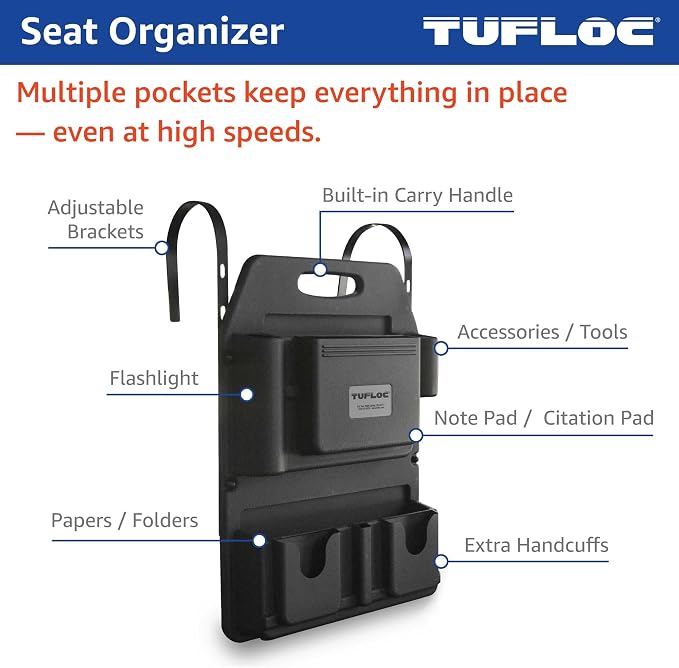 Front Seat Organizer for Police and Law Enforcement Vehicles - Keeps Gear Secure and Readily Accessible, Neater than a Patrol Bag, Low Profile, Stays Out of the Way, Adjusts to Any Passenger Seat