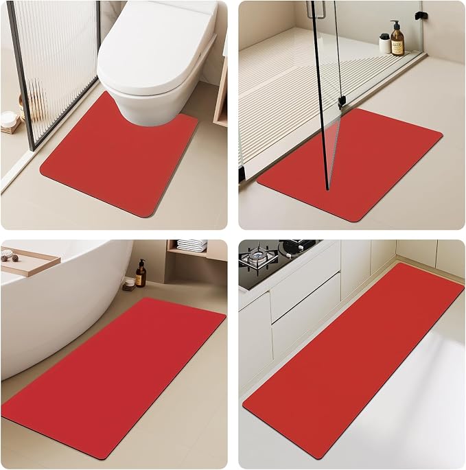 TYUU Bath Mat, Bathroom Rugs Non Slip Washable Thin Absorbent Quick Dry Bath Mat Fits Under Door Bathroom Floor Mat Perfect for Bath, Shower, or Sink 36"x60" Red