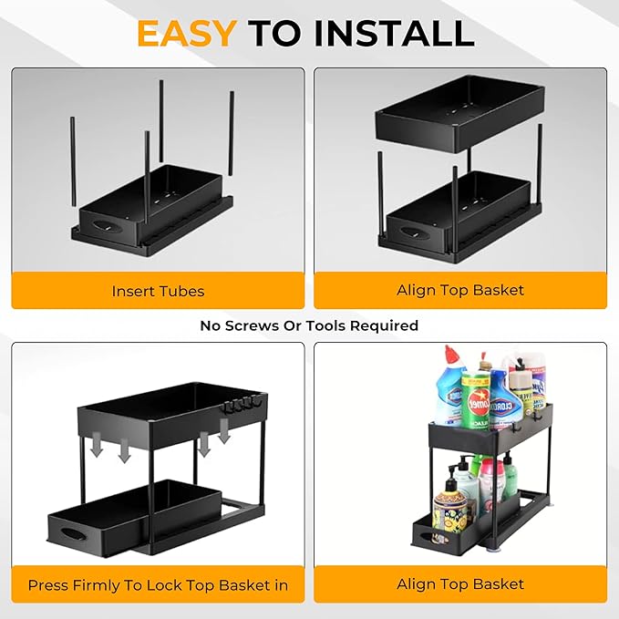 TEVASO Under Sink Organizers and Storage | Space-Saving Cleaning Supplies | 2 Tier Sliding Under Shelf Organizer for Kitchen and Bathroom - Black - 1 Pack