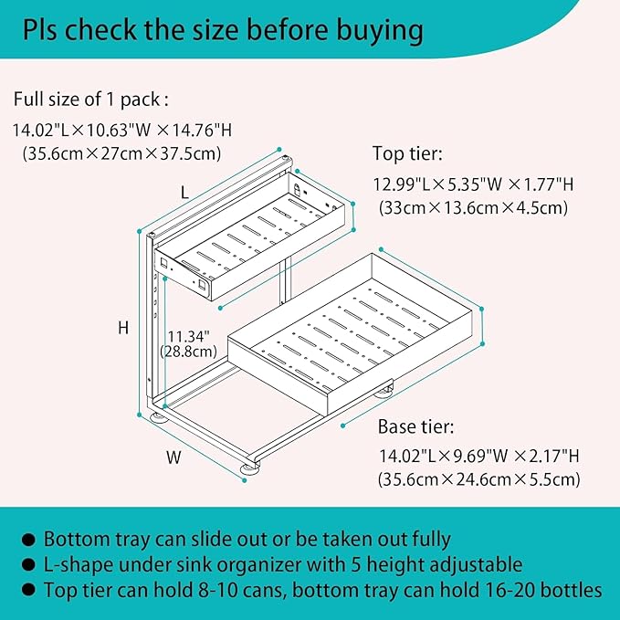 Under Sink Organizer, 2 Pack 2 Tier Metal Under Cabinet Storage with Height-adjustable Shelf and Pull out Rack for Pantry Vanity Cupboard Counter Countertop Bathroom Kitchen