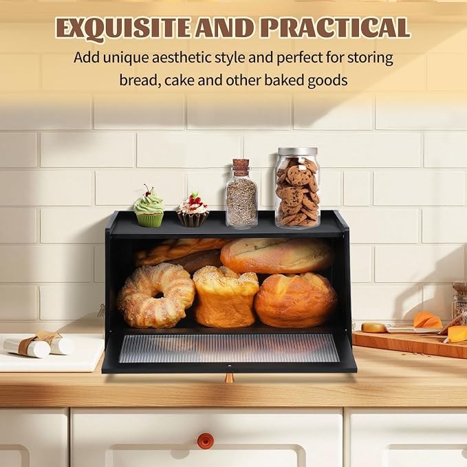 Bamboo Breadbox for Kitchen Countertop, Farmhouse Large Capacity Bread Container Storage Bin with Striped Window Door Panel, Vintage Bread Holder for Bagels, Muffins, Cupcakes & Cookies (Black)