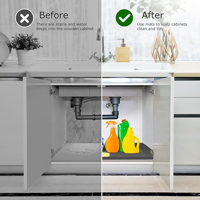 Under Sink Mat for Kitchen Waterproof, 34x22 Inches with Smaller Cut - Flexible Silicone Under Sink Liner, Kitchen Bathroom Cabinet Organizer for Drips Leaks (Grey, 34" L x 22" or Smaller)