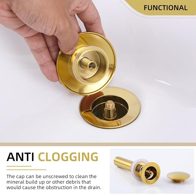 Angle Simple Bathroom Sink Drain Stopper Glossy Deep Titanium Gold Color, Brass Pop Up Sink Stopper with Overflow Hole for Sink with 1.61 to 2 Inches Drain Hole
