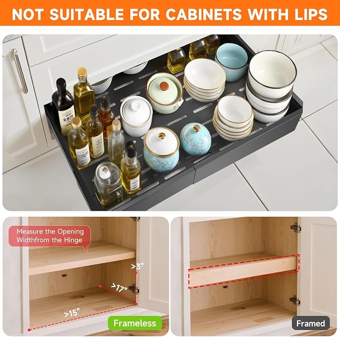Pull out Cabinet Organizer,Adjustable Width (14"-19") and Depth (17"-24") Expandable,No Drill Slide out Drawers for Kitchen,Pantry,Adhesive Roll out Shelves,for Cabinets Without Lip (black)
