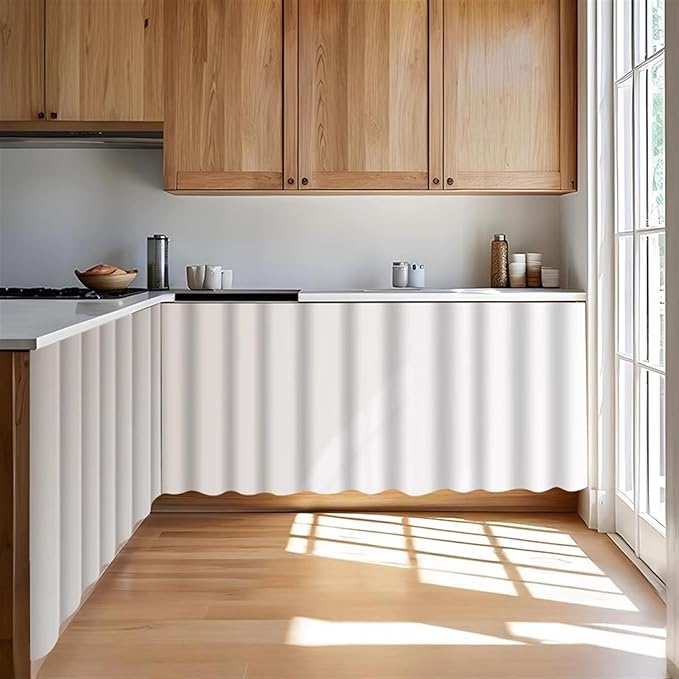 Under Sink Curtain for Closet, Privacy Short Cabinet Curtain Self Stick Adhesive Desk Skirt for Kitchen Classroom, White, 47" W x 20" L