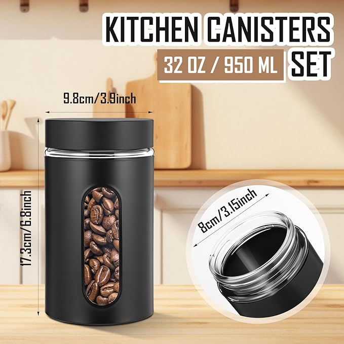 Mimorou 3 Pcs Stainless Steel Canister Set with Glass Windows Visible Storage Jars Silver Kitchen Canister Set for Pasta Flour Oat Sugar Container, Kitchen Tools, Housewarming Gifts(Black,32 oz)
