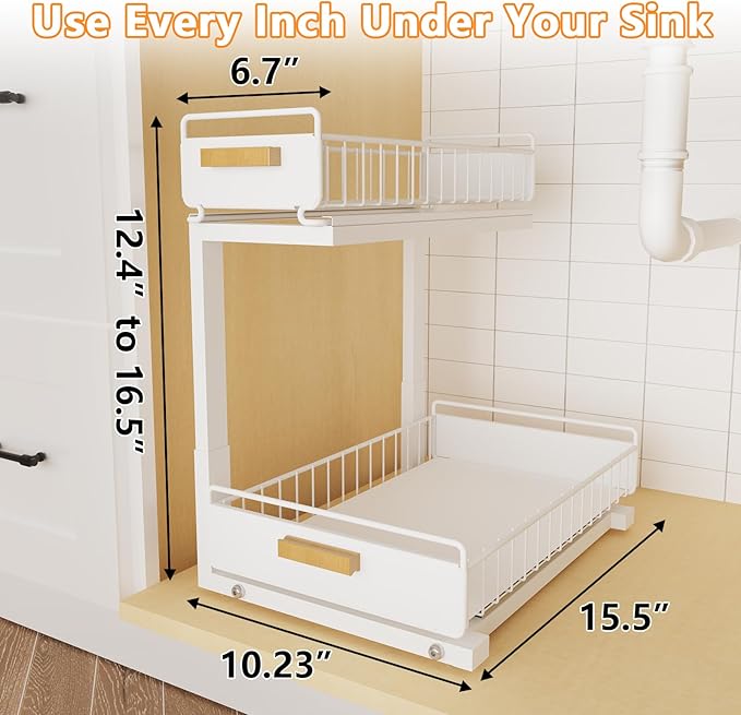 Under Sink Organizer 1 Pack Pull Out Cabinet Organizer with Ball Bearing Sliding Drawer 2 Tier Adjustable Storage Rack Heavy Duty for Kitchen Bathroom White
