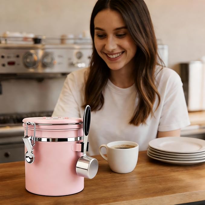 ShanSon Coffee Canister Airtight, Stainless Steel Bean Storage Container with Date Tracker & Scoop, Grounds Sugar Flour Tea Cereal Fits Kitchen Pantry, Ideal Gift for Coffee Lovers,22oz, Pink