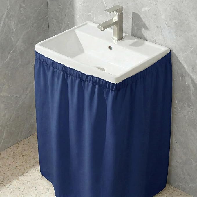 Sink Skirt Bathroom, Self Stick Adhesive Waterproof Fabric, Under Sink Curtain Skirt, Pedestal Sink Accessories Decor, Bathroom Storage Decor(Blue)