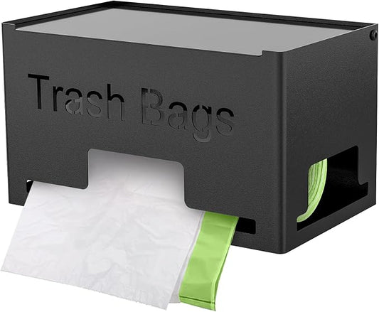 STWWO Trash Bag Holder, Metal Trash Bag Dispenser Roll Holder, Kitchen Trash Bag Organizer for Cabinet, Countertop, Wall Mounted or Freestanding, Black