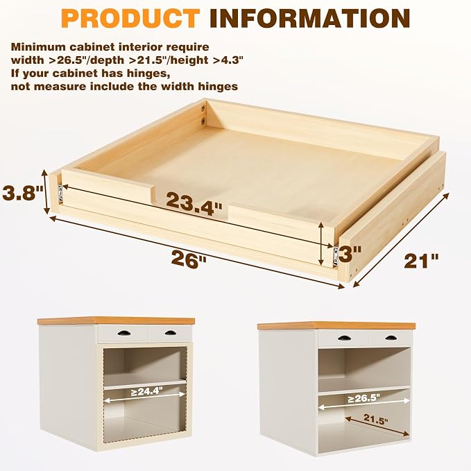 Pullout Cabinet Organizer, 26''W×21''D×3''H Slide Out Shelves for Kitchen Cabinets, Pull out Drawers for Kitchen Cabinets, Pantry, Bathroom, & Storage Organization