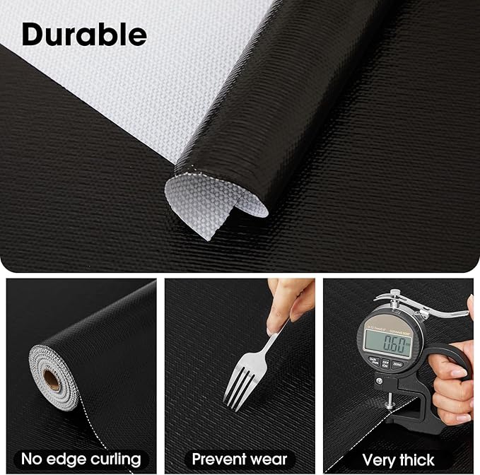 Drawer and Shelf Liner, Non-Slip Kitchen Cabinet Liners Non-Adhesive Thick Strong Grip Waterproof Washable Mats Protect Dresser Shelves Cupboard Bathroom Cabinets, Black, 12 in X 10 FT