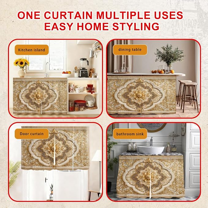 Self Adhesive Luxury Golden Baroque Cabinet Curtain for Mother's Day, 39x28 Inch Victorian Floral Under Sink Skirt No Drill, Spring Cleaning Kitchen Decor, Hook and Loop Valance