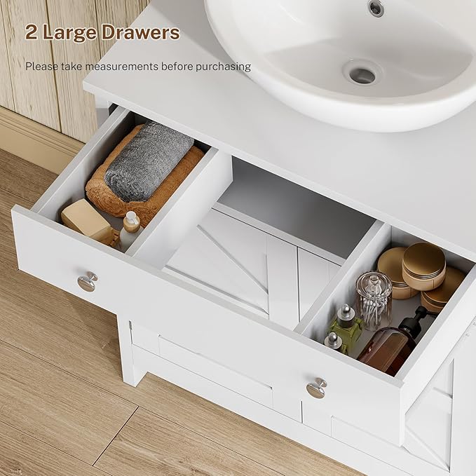 TEENFON Pedestal Sink Storage Cabinet with 2 Barn Doors and Drawer, Bathroom Sink Cabinet with U-Shape Cut-Out, Pedestal Sink Cabinet, White