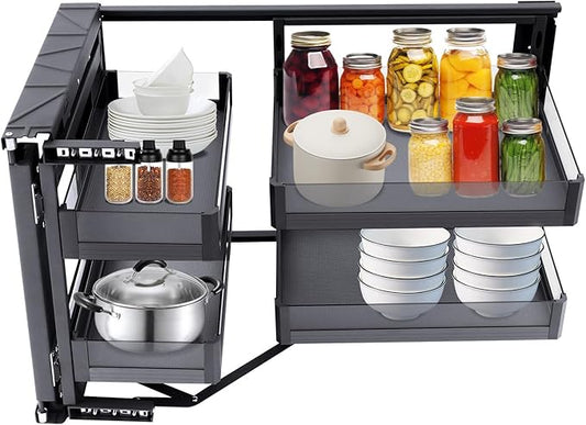 2-Tier Stainless Steel Pull out Organizer, Ideal Slide out Spice Rack for Cabinet, Blind Corner Cabinet with 4 Baskets (Pull-Out)