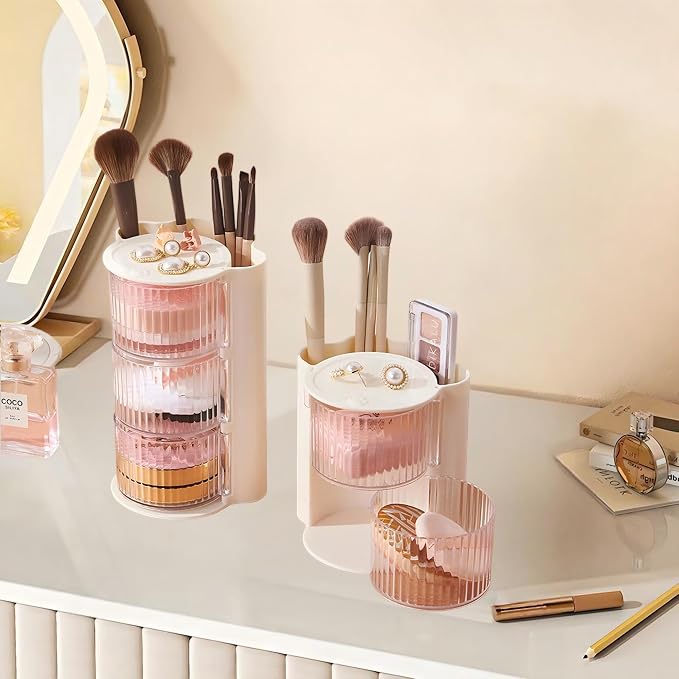 Hair Accessories Organizer with Hair Brush Holder, Rotatable Makeup Brush Holder for Necklaces, Earring, Bracelet, Ring, Makeup Brushes, Hair Clip and Hair Accessories (3 Layer Beige)