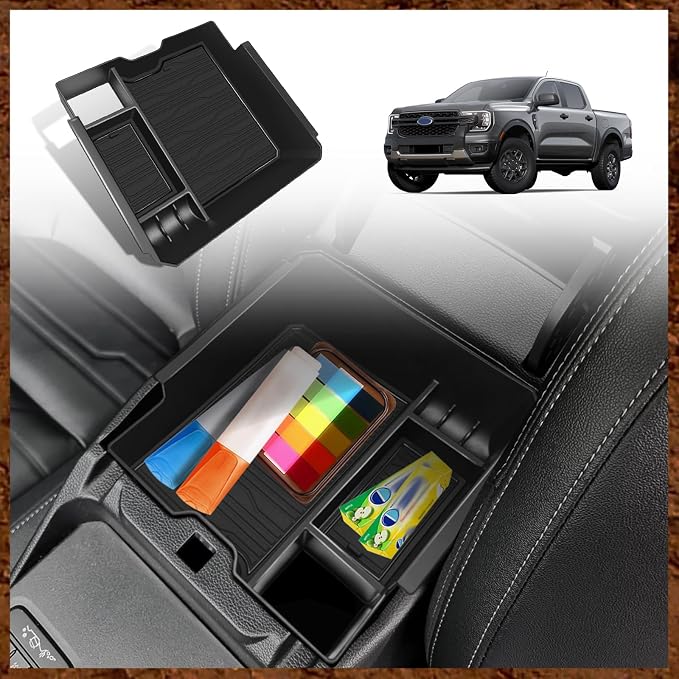 Muslogy Center Console Organizer Compatible with Ford Ranger XL XLT Lariat 2024 2025 2026 & Raptor Accessories Middle Console Storage Box Insert Tray ABS Material Divider with Insert Mats (Black)