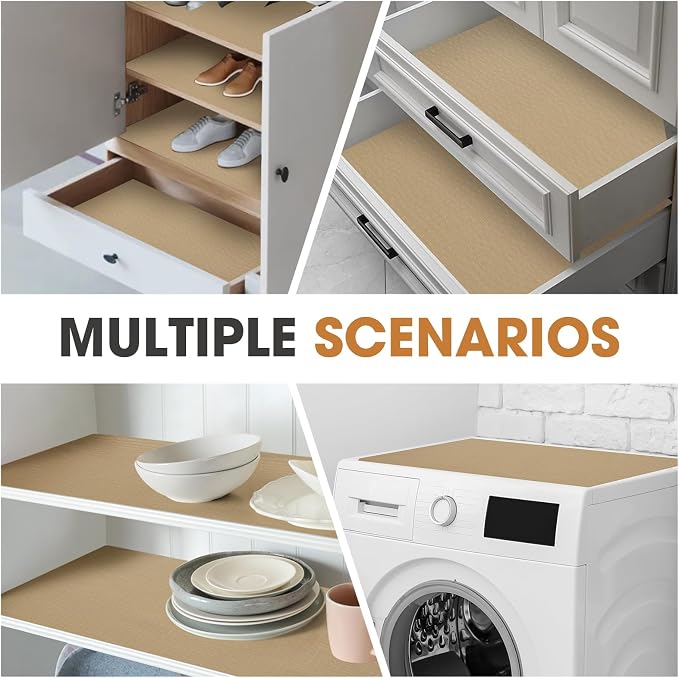 Drawer and Shelf Liner, Non-Slip Kitchen Cabinet Liners Non-Adhesive Thick Strong Grip Waterproof Washable Mats Protect Dresser Shelves Cupboard Bathroom Cabinets, Beige, 18 in X 30 FT