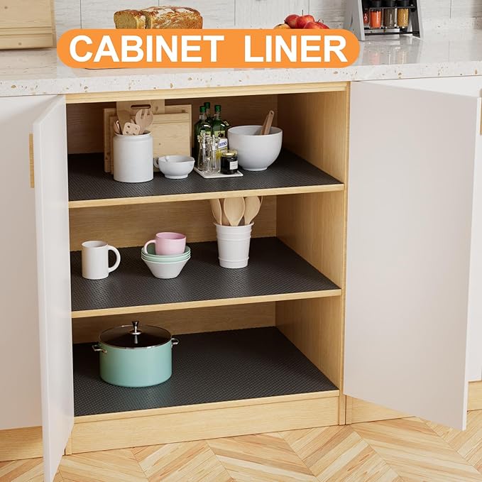 FLPMIX Black Shelf Liner 12 inch Wide: Easy to Cut Kitchen Cabinets Drawer Liner - 12" x 396 Inch EVA Waterproof Pantry Cupboard Liners