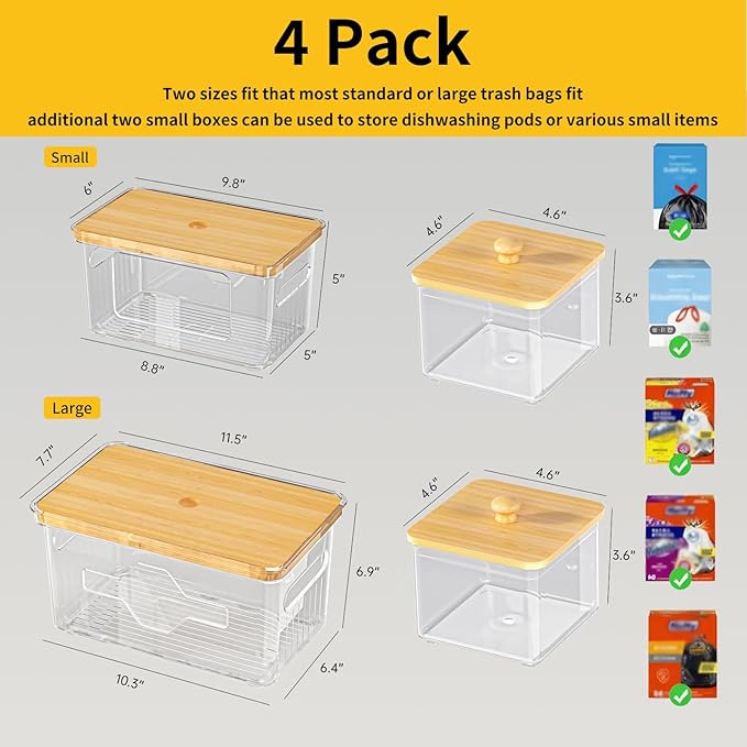 4 Pack Trash Bag Holder with Bamboo Lid, Stackable Garbage Bag Dispenser Under Sink, Storage Organizer for Kitchen, Laundry, Pantry (S+S+M+L)
