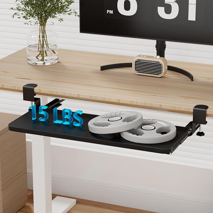 diowewea No-Drill Under-Desk Keyboard Tray, Tray with Adjustable C Clamp, Drawer Desk Extender, Pull Out Keyboard Holder, Black Black