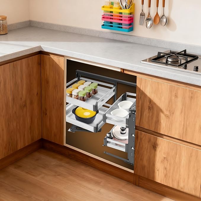 2-Tier Stainless Steel Pull out Organizer, Ideal Slide out Spice Rack for Cabinet, Blind Corner Cabinet with 4 Baskets (Pull-Out to Right)