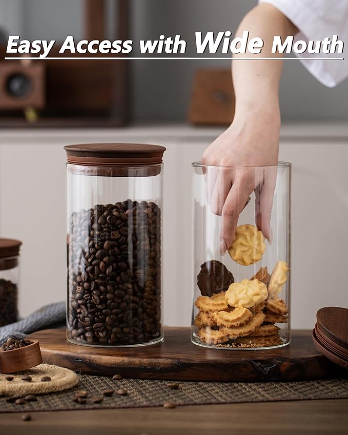 37 oz Coffee Canister with Scoop and Wooden Lids, Airtight Storage Container Sets of 2 for Ground Coffee & Beans, Glass Jars for Coffee Bar Organizer, Kitchen Countertop