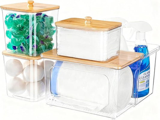 iCASA Trash Bag and Pod Dispenser - 5 in 1 Acrylic Under Sink Organizer with Bamboo Lid, Holds Garbage Bags, Dishwasher Pods, Laundry Tabs, Dryer Sheets & Balls for Kitchen, Pantry, Laundry Room