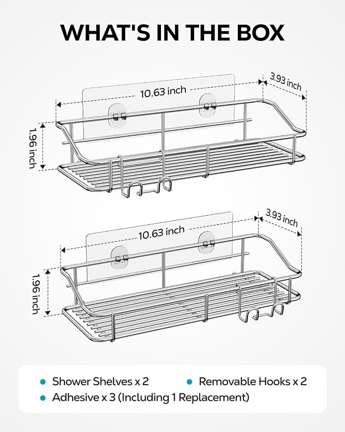 Nieifi Shower Caddy Shelf Storage Rack Adhesive Without Drilling Stainless Steel with Hooks for Washroom, Lavatory, Restroom, Toilet, Bathroom, Kitchen - 2 Pack