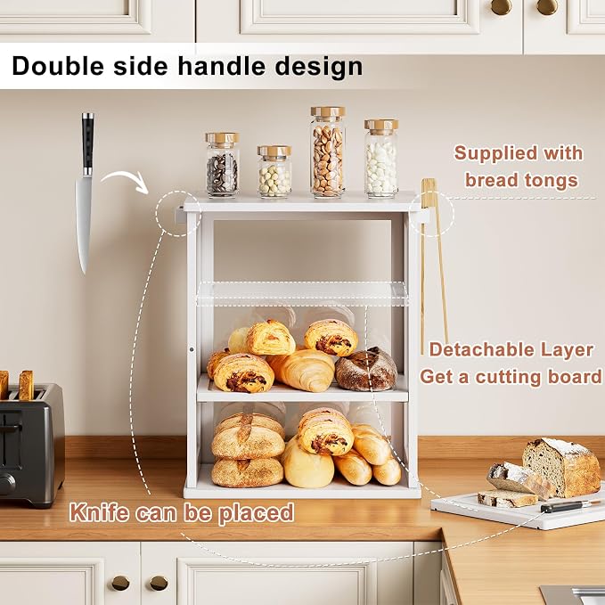 WOWLIVE Bread Box for Kitchen Countertop, Large 3 Layers Bread Storage Container for Homemade Bread with Window, Farmhouse Breadbox Organizer for Kitchen, Cabinet, Pantry (White, Meduim)