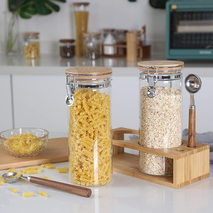 KKC Nut Storage Containers with and Scoops, 2 Pack (50 oz / 1.5L) - Glass Nut Jars with Bamboo Lids, Kitchen Counter Nut Storage for Almonds Cashews Walnuts