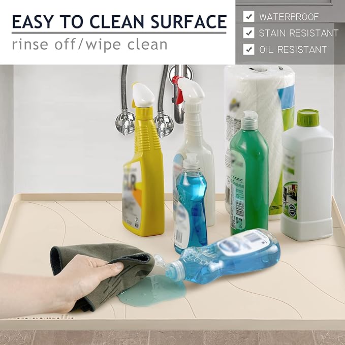 Heavy Duty Silicone Under Sink Mats for Kitchen Waterproof 34" x 19", Extra Thick Under Sink Rubber Mat Drip Tray, Raised Edge Under Sink Liner,Prevent Drips, Leaks, Spills,Taupe