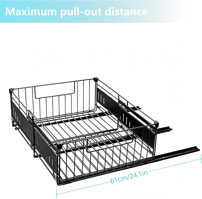 KimHong 2 Pack Pull Out Cabinet Organizer, Expandable Drawer Organizer with Adjustable Width 12.4"-19.5", Adhesive No Drill Under Cabinet Shelves for Home Kitchen Pantry with Silent Slides