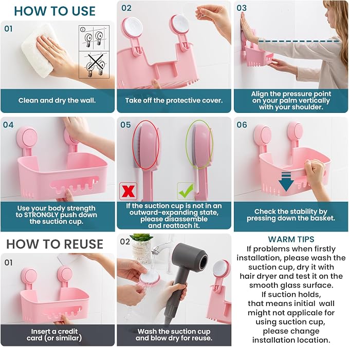 TAILI Shower Caddy Suction Cup 2 Pack, Heavy Duty Bathroom Organizer, Removable Shelves for Inside Shower, Shampoo, Waterproof Suction Plastic Storage for Bathroom Accessories Holder, Pink