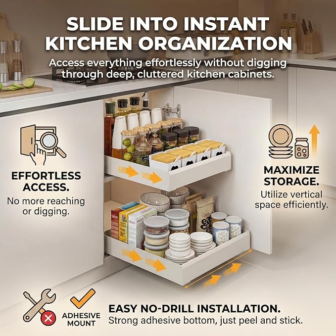 Pull Out Cabinet Organizer, Slide Out Drawers for Kitchen Cabinets, Heavy Duty Cabinet Pull Out Shelves with Adhesive Mount, No-Drill Space Aluminum Rolling Tray for Pantry, Bathroom & Base Cabinets