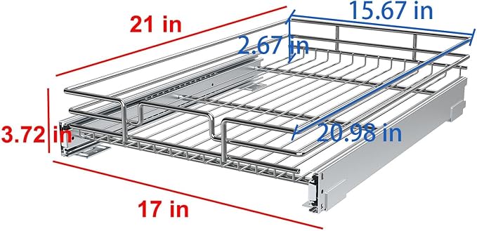 Pull Out Cabinet Organizer, Heavy-Duty Metal Sliding Drawer Shelf for Kitchen Cabinets, Chrome, Doesn't Include Door Fittings (17 * 21 IN)