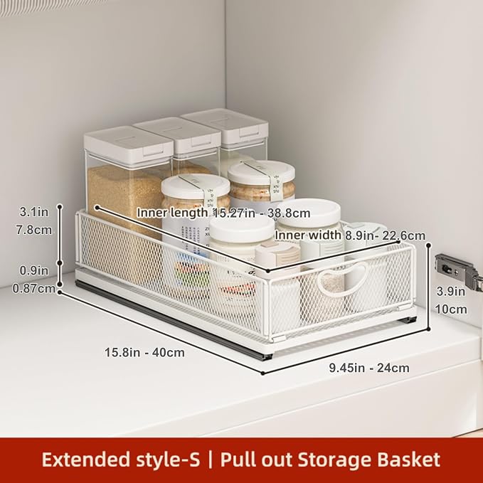 Pull Out Drawers for Cabinets Stackable or Single, Pull Out Cabinet Organizer Adhesive, Cabinet Drawers Slide Out, Extra Rails, for Sink Pantry Shelve