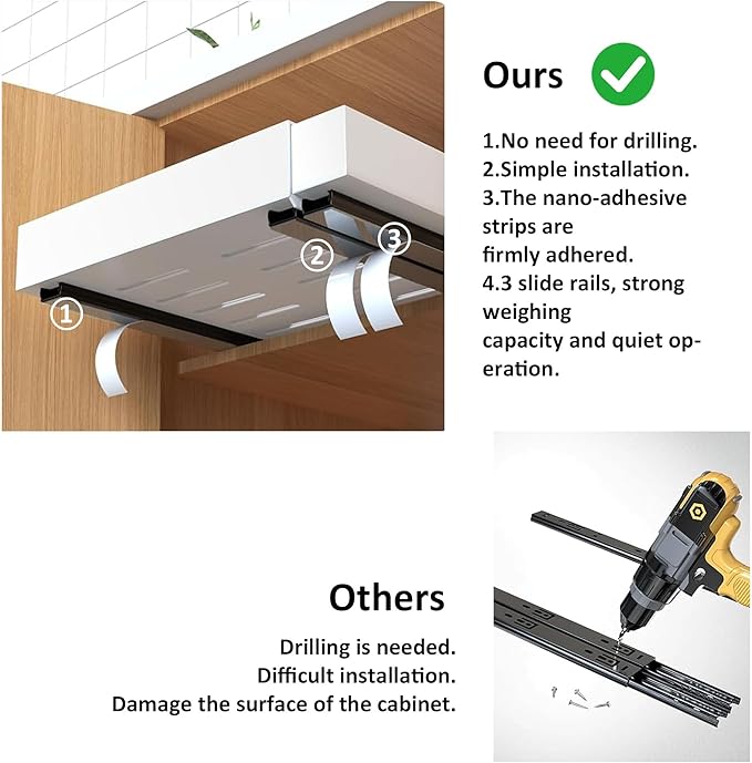 Pull Out Drawers for Cabinets, 1 Pack 21" Deep Expandable Slide Out Drawer for Kitchen Cabinets Adhesive Pantry Pullout Shelves Load-Bearing Upgrade 3 Slide Rails White
