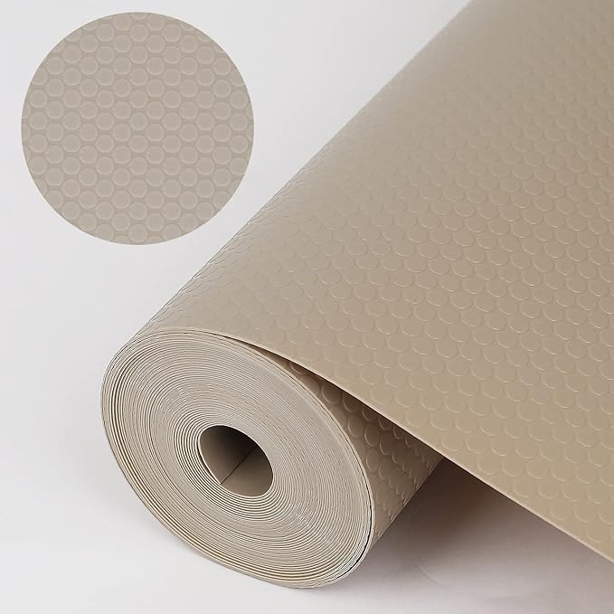 WochiTV Shelf Liner for Cabinets, Drawer 17.5 Inch x 10 Feet, Non Stick EVA Plastic Water Resistant Mat for Kitchen, Bathroom, RV Drawers and Under Sink, Shoe Shelves, Khaki