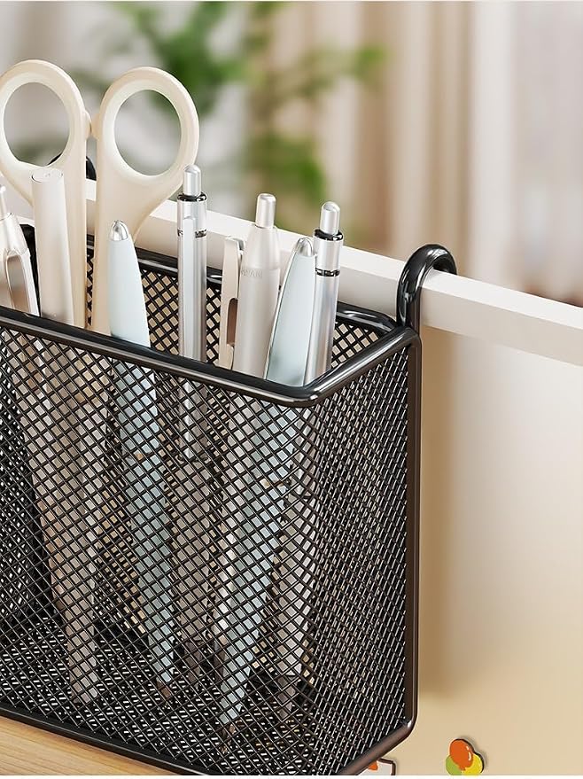 Hanging Pen Holder with Hook Storage Box - Wall-Mountable Desk Organizer for Office Desktop, Partition Screen, Workstation & Bedroom Side Storage (black)