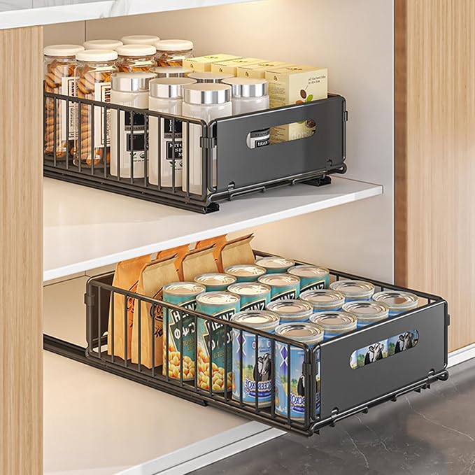 2Pcs Pull Out Cabinet Organizer, Pull out drawers for cabinets with EVA Adhesive Tape, Heavy Duty Sliding Kitchen Organizers and Storage, Suitable for Pantry, Bathroom, Bedroom BlackL