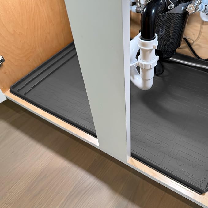 XTREME MATS Trimmable Rubber Under Sink Cabinet Mat – Ultimate Waterproof Protection for Kitchen or Bathroom Cabinets with Patented Overflow Channels (Grey)