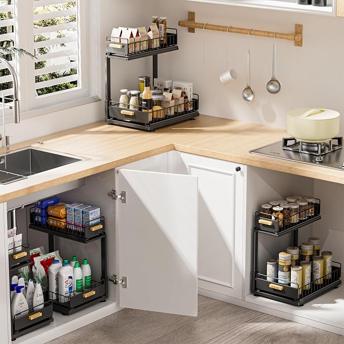 Under Sink Organizer, High Adjustable 2 Tier Under Kitchen Sink Organizer, Multi-Purpose Storage Shelf for Kitchen Bathroom Cabinet, Black